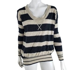 Jamison Sweater XS Slouchy Rugby Stripe Pullover Banded Waist Tan Black